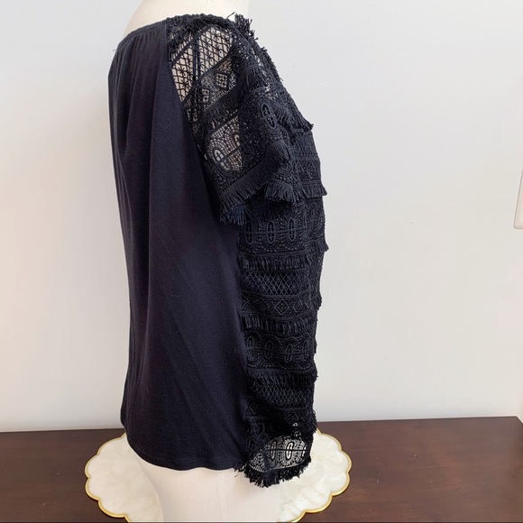 INC Black Lace Fringe Short Sleeve Blouse Sz M - Picture 6 of 10